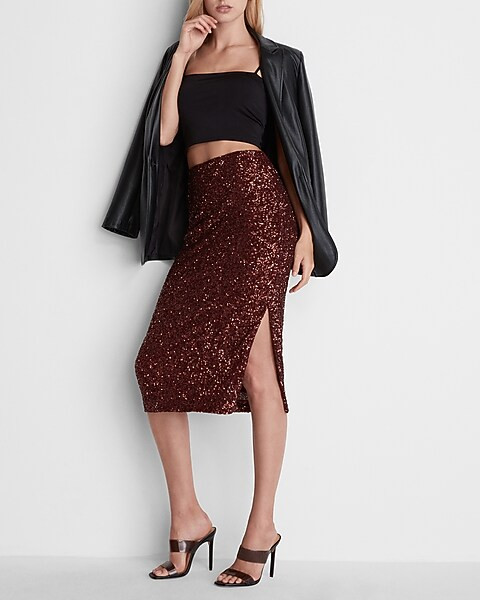 Sequin Side Slit Midi Pencil Skirt | Express