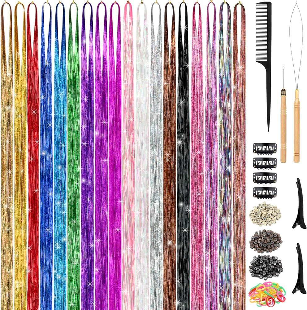 Hair Tinsel Kit (48 Inch,18 Colors, 4320 strands), Tinsel Hair Extensions with Tools, Heat Resist... | Amazon (US)