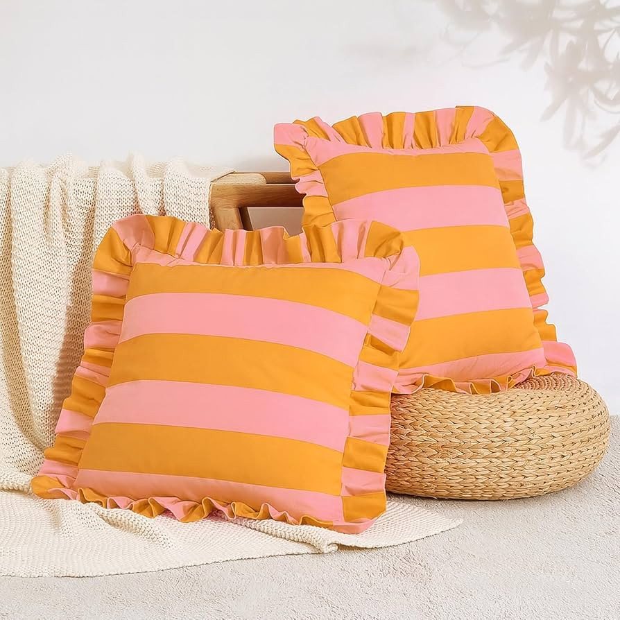 MONDAY MOOSE Decorative Throw Pillow Covers, Set of 2 Water-Resistant Striped Design with Ruffle ... | Amazon (US)