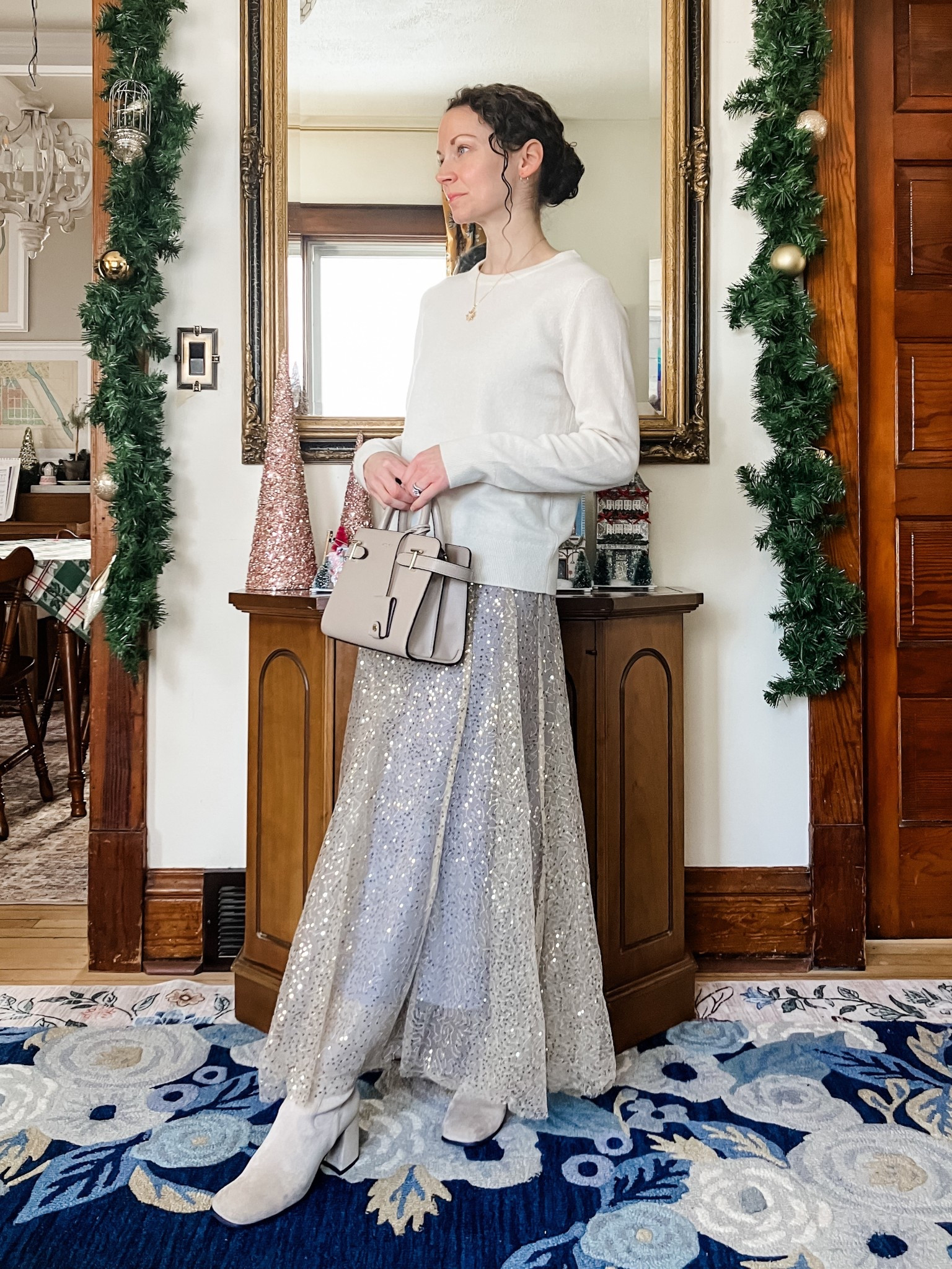 A cashmere sweater and sparkly skirt make a beautiful and comfortable modest Christmas outfit!
Petite outfit. Modest outfit. Classic outfit. Neutral outfit  

#LTKHoliday #LTKOver40 #LTKootd