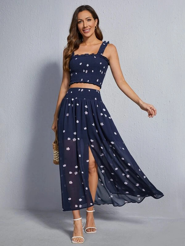 SHEIN X VICKIE Frill Trim Shirred Floral Top & Split Thigh Semi Sheer Skirt Set | SHEIN