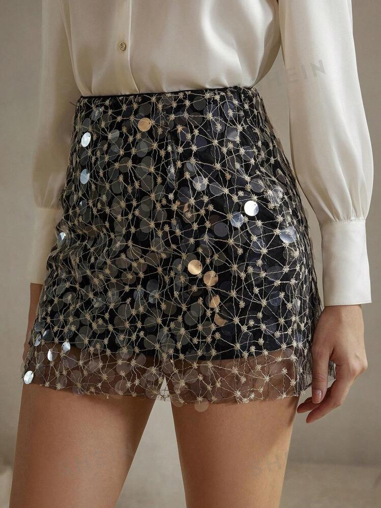 Anewsta See-Through Beaded Mini Skirt For Women, Elegant Style | SHEIN | SHEIN