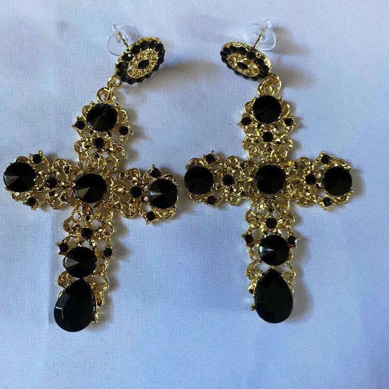 Gold Baroque Style Crucifix Earrings Black Crystal Statement - Etsy | Etsy (US)