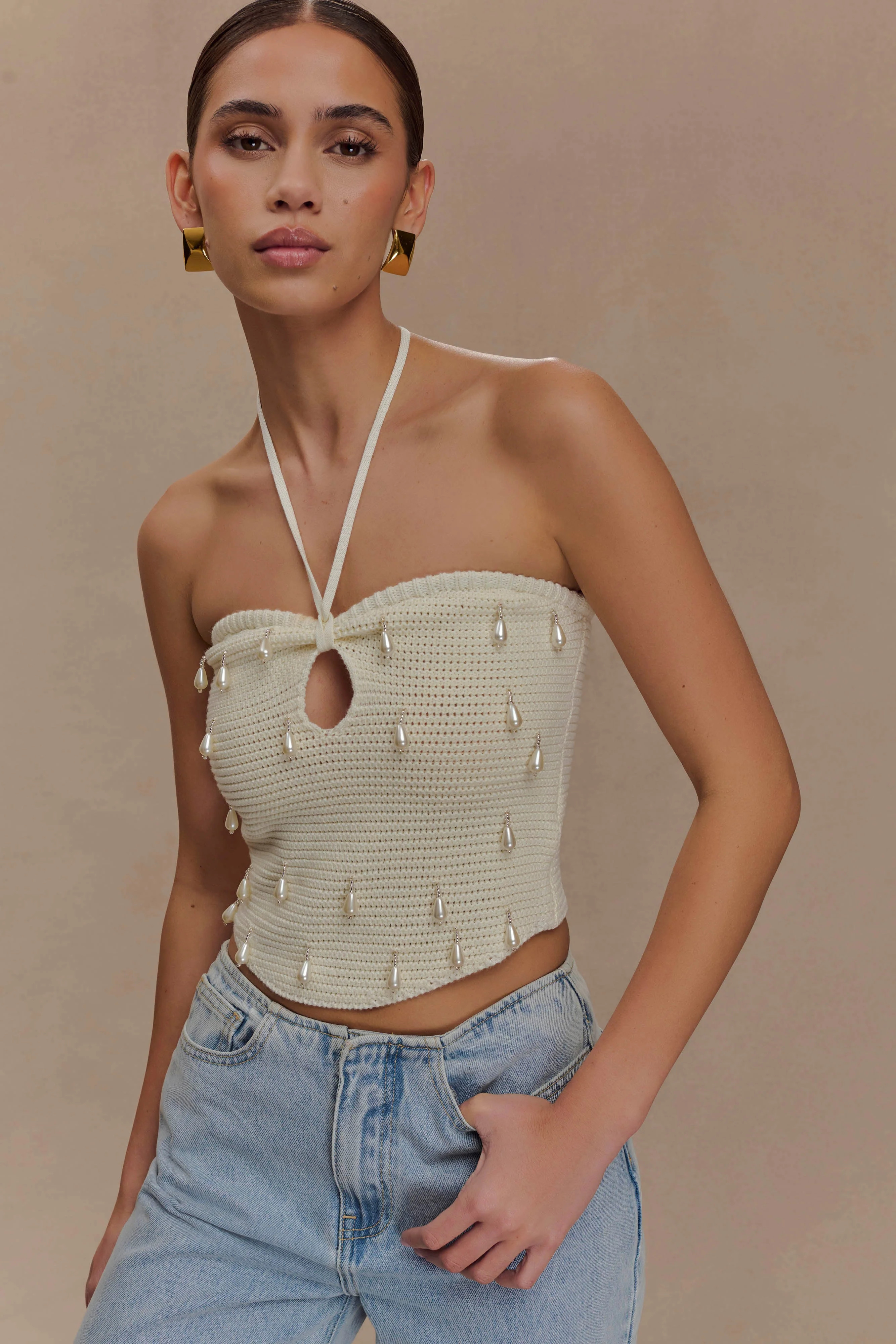 Aletta Knit Pearl Halter Top - Ivory | Meshki (APAC)