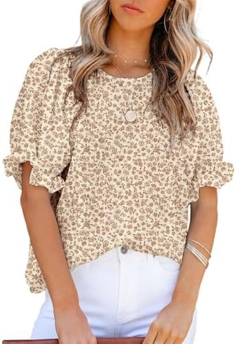 Dokotoo Floral Print Blouses for Women Crewneck Smocked Puff Sleeve Shirts Casual Babydoll Tops | Amazon (US)