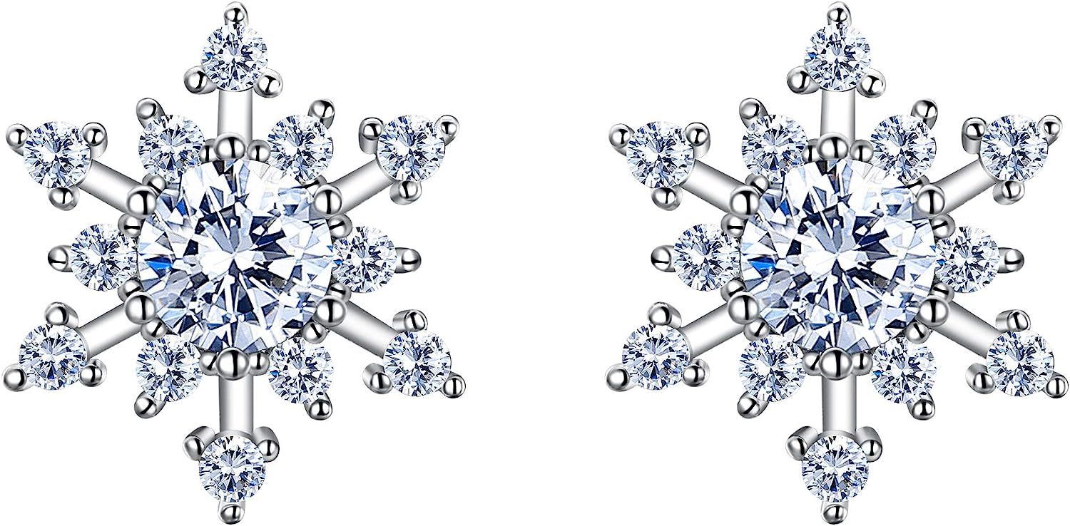 BriLove Winter Snowflake 925 Sterling Silver Cubic Zirconia Shining Stud Earrings for Women | Amazon (US)