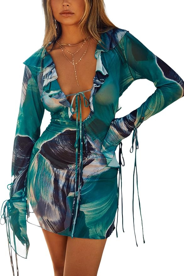 Women's Sheer Mesh Cover Ups Long Sleeve Bodycon Ruched Beach Dress for Swimwear | Amazon (US)