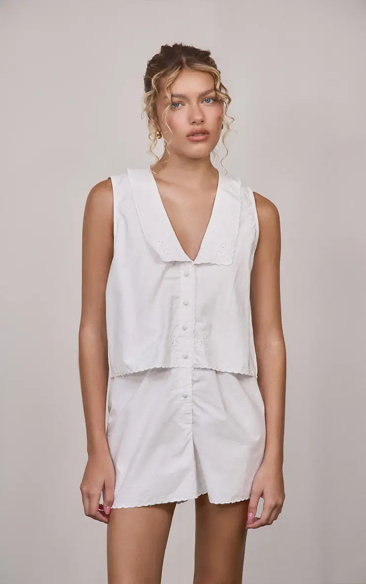 White Linen Look Collar Detail Playsuit | PrettyLittleThing UK