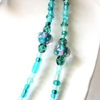 Teal Jewelry Set, 40"" Beaded Necklace With 1"" Earrings, Flower Inlaid Lampwork, 651 | Etsy (US)