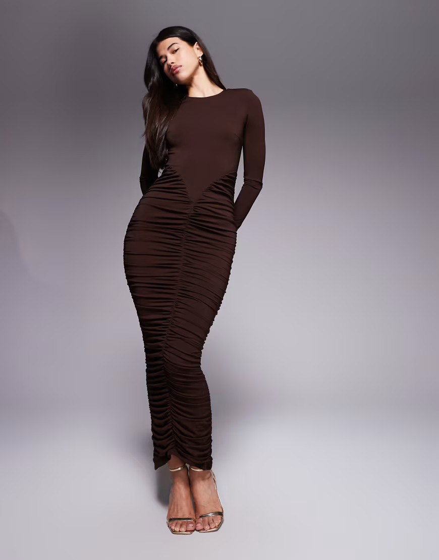 Ruched & Ready sculpting ruched detail bodycon maxi dress in chocolate-Brown | ASOS (Global)