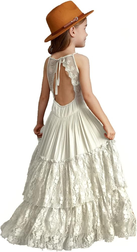 Girls Kids Lace Back Full-Length Backless Tulle Party Holiday Flower Girl Dress Size 4-14 | Amazon (US)