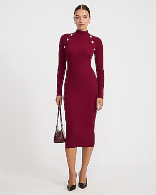 Ribbed Mock Neck Novelty Button Midi Sweater Dress | Express