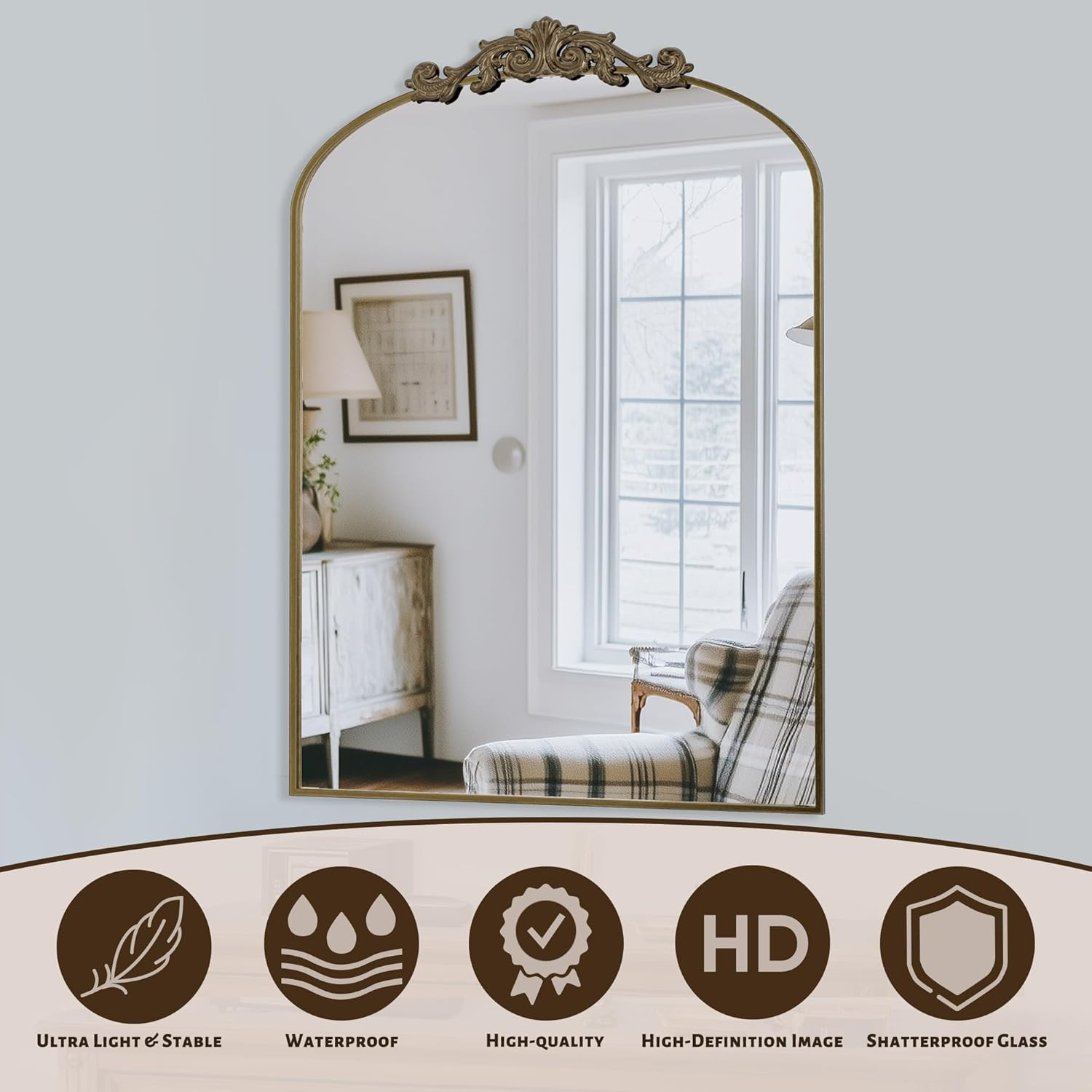 Arched Wall Mirror, Vintage Carved Bathroom Mirror 24" x 36" Bronze Antique Metal Frame Wall Mirr... | Amazon (US)