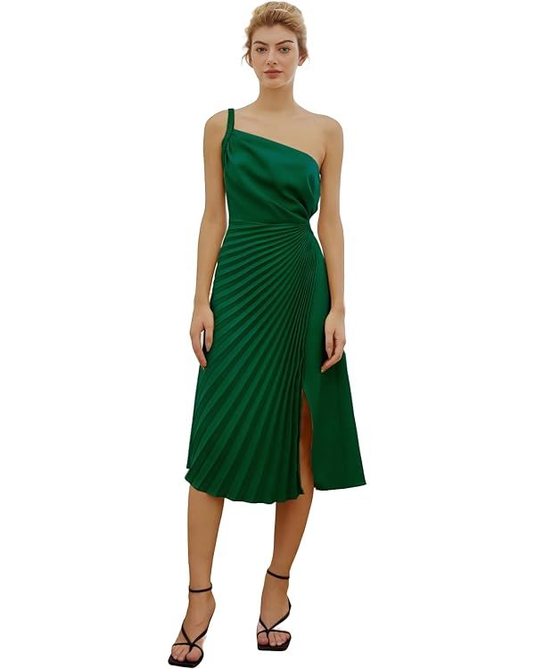 One Shoulder Side Slit Silk Dress Pleated Midi Satin Evening Cocktail Dress | Amazon (US)
