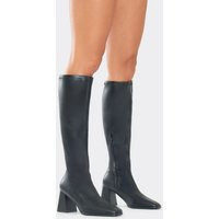 Carbon Square Toe Knee High Block Heel Boot In Black Faux Leather, Women's Size UK 5 | EGO (UK)