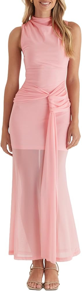 OWIN Women’s Bodycon Long Maxi Dress Elegant Sleeveless Mock Neck Ruched Mesh Sheer Hem Cocktai... | Amazon (US)