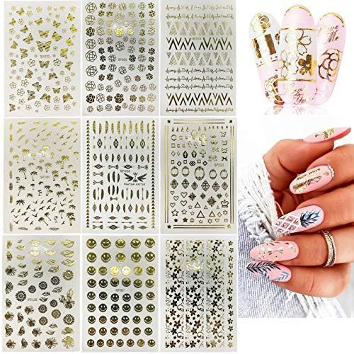 Ooopsiun 9 Sheets Gold Nail Art Stickers for Women - 3D Luxury Metallic Self- Adhesive Nail Decal... | Amazon (US)