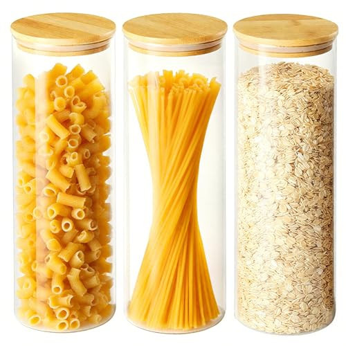 Glass Food Storage Containers for Pasta Spaghetti, 11in Tall Glass Jars with Airtight Bamboo Lids, Kitchen Storage Pantry Jars Organizers, For Cookies Flour Cereal Coffee Beans (Set of 3) | Amazon (US)