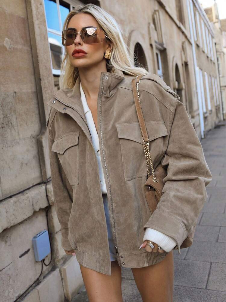 Elegant Women's Suede Jacket, Long Sleeve, Lapel Collar, Pockets, Zipper, Ladies Outerwear, Fashionable Retro, High Street | SHEIN