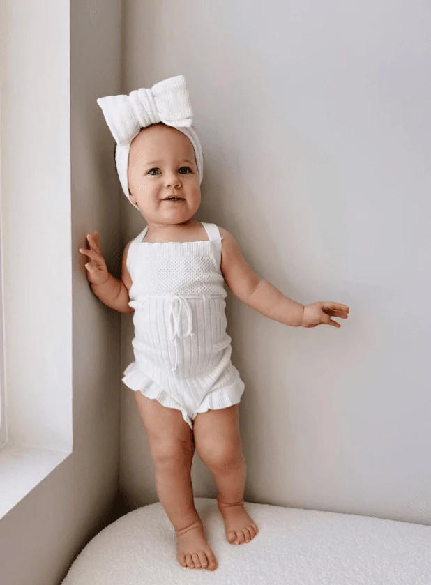 Sleeveless Ruffle Romper | Baby Girl Knit Romper | Gathered Lamb | Gathered Lamb
