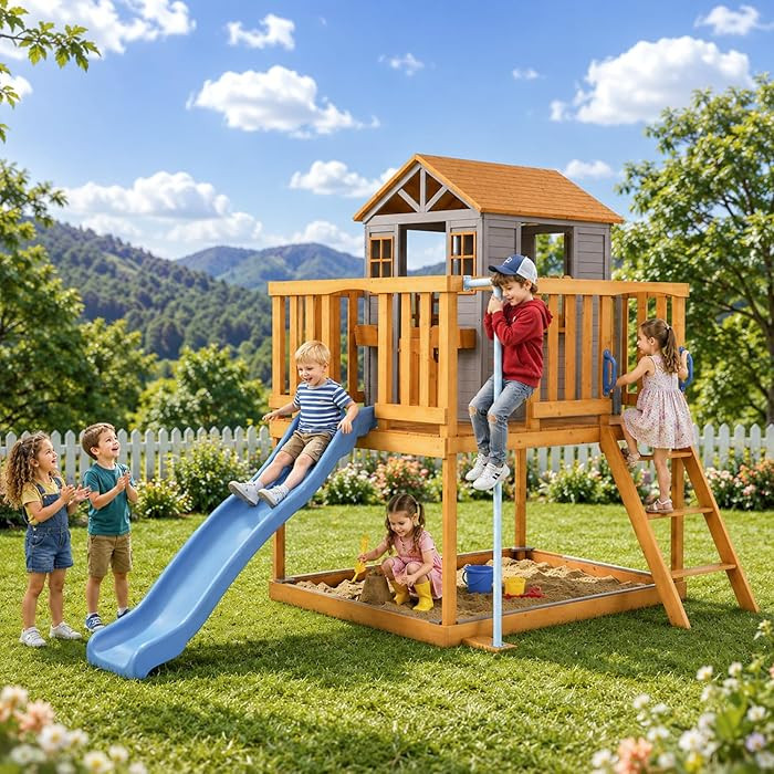 Elevated Wooden Kids Playhouse with Wave Slide, Wrap-Around Deck, Flat-Step Ladder, Half Door Win... | Amazon (US)
