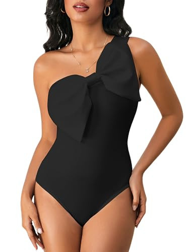 WDIRARA Women's Bow Front One Shoulder Bodysuit Asymmetrical Sleeveless Top Black X-Small | Amazon (US)