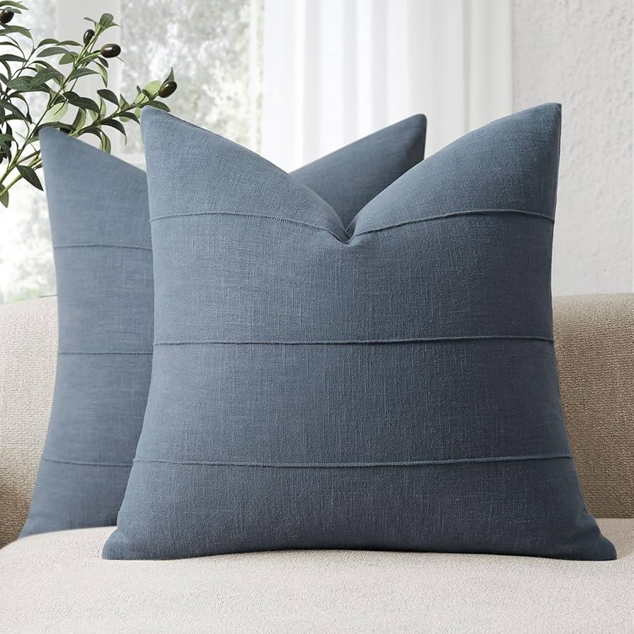 ZWJD Decorative Linen Throw Pillow Covers 18x18 Set of 2 Solid Handcrafted Striped Cushion Covers... | Amazon (US)
