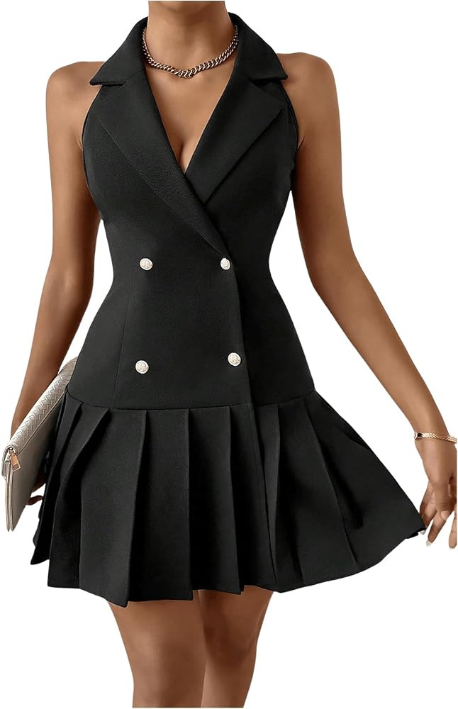 Floerns Women's Lapel Neck Sleeveless Pleated Hem Blazer Dress Elegant A Line Dresses | Amazon (US)