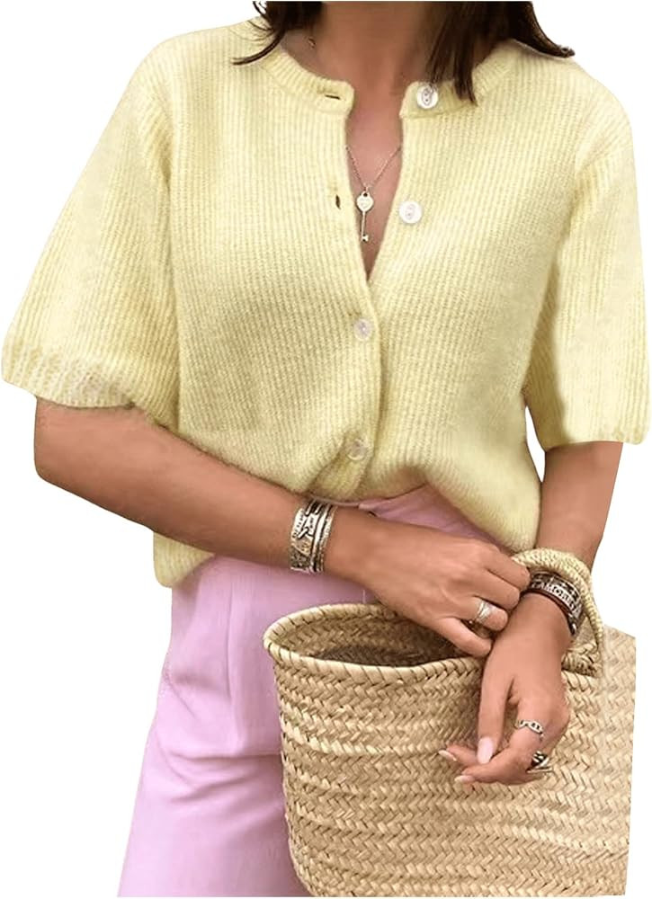 SHENHE Women's Y2K Short Sleeve Button Down Knitted Crew Neck Lightweight Cropped Cardigan Sweate... | Amazon (US)