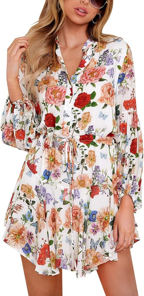 Clarisbelle Women's Long Sleeve Button up Tie Waist Floral Chiffon Dress | Amazon (US)
