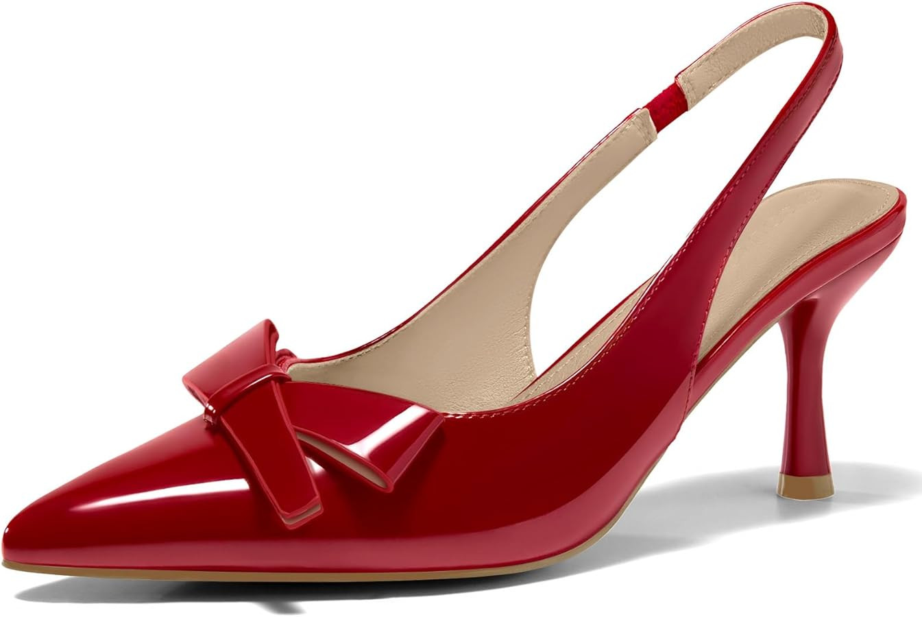 Coutgo Womens Slingback Kitten Heels Bow Closed Pointed Toe Pumps Slip on Office Work Dress Shoes | Amazon (US)