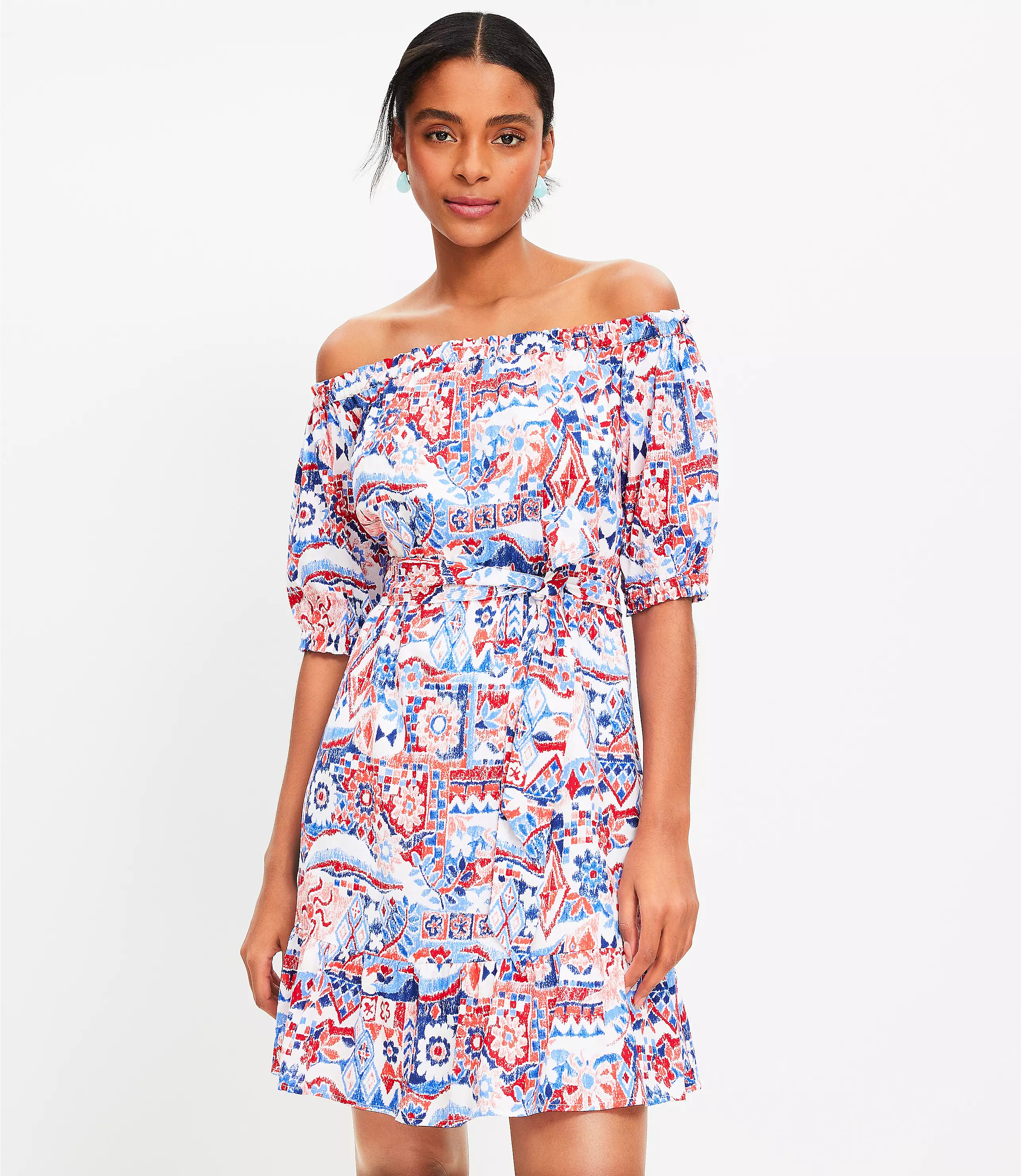 Tall Scribble Ruffle Off The Shoulder Mini Dress | LOFT