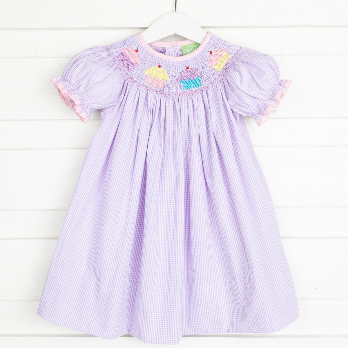 Sweet Cupcakes Smocked Bishop Lavender Gingham | Classic Whimsy
