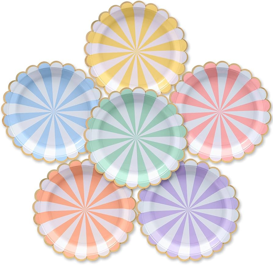 Party Paper Plates, 50-Pack, Disposable Paper Plates, Gold Foil Scalloped Edge, Striped Pastel, 6... | Amazon (US)