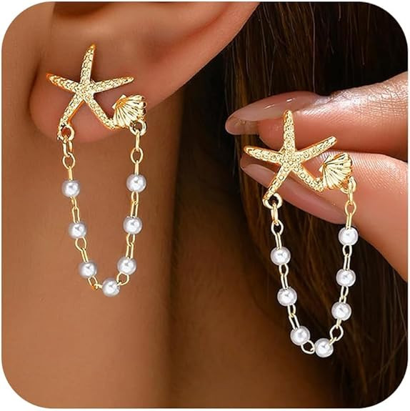 Seashell Starfish Earrings Beach Jewelry for Women Pearl Drop Shell Earrings Ocean Beachy Fashion... | Amazon (US)
