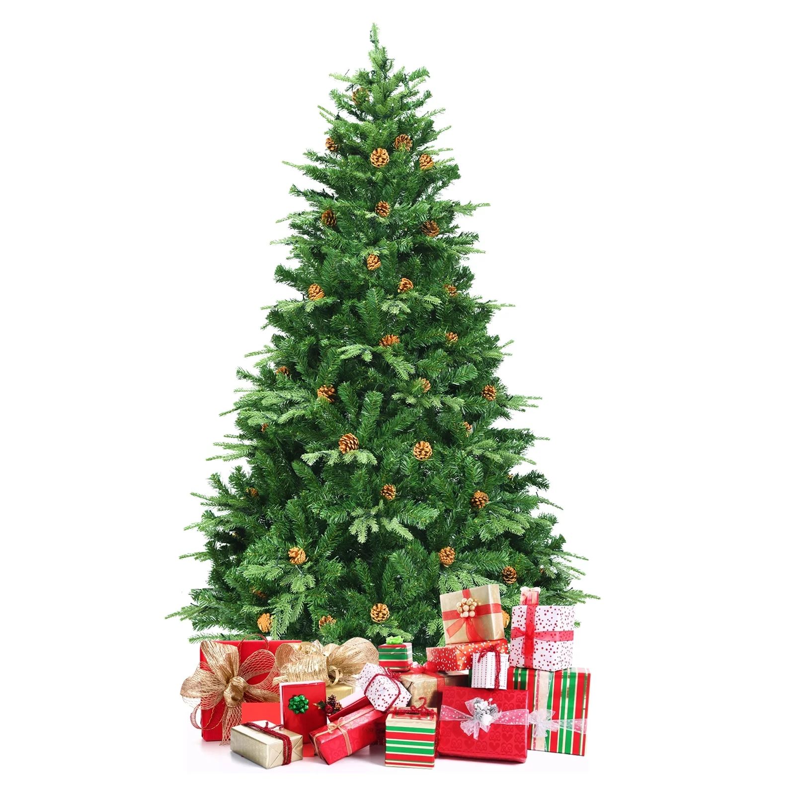 Giantex 7' PVC Artificial Pine Tree Pre-Lit Christmas Tree w/ 460 LED Lights & Pine Cones | Walmart (US)