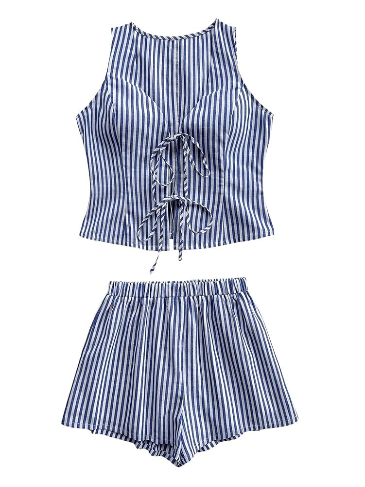MakeMeChic Women's Two Piece Outfit Striped V Neck Bow Tie Front Vest and Shorts Set | Amazon (US)