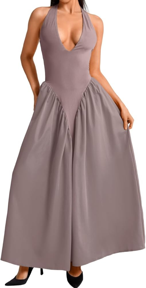 Deep V Neck Dress, Halter Maxi Dresses, Vacation Date Night, Sexy for Women Corset Flowy Wedding ... | Amazon (US)