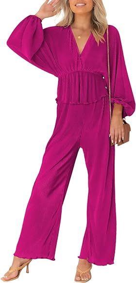 Viottiset Women's 2 Piece Outfits Pleated Loungewear Wide Leg Pants Sweatsuit V Neck Lounge Set | Amazon (US)