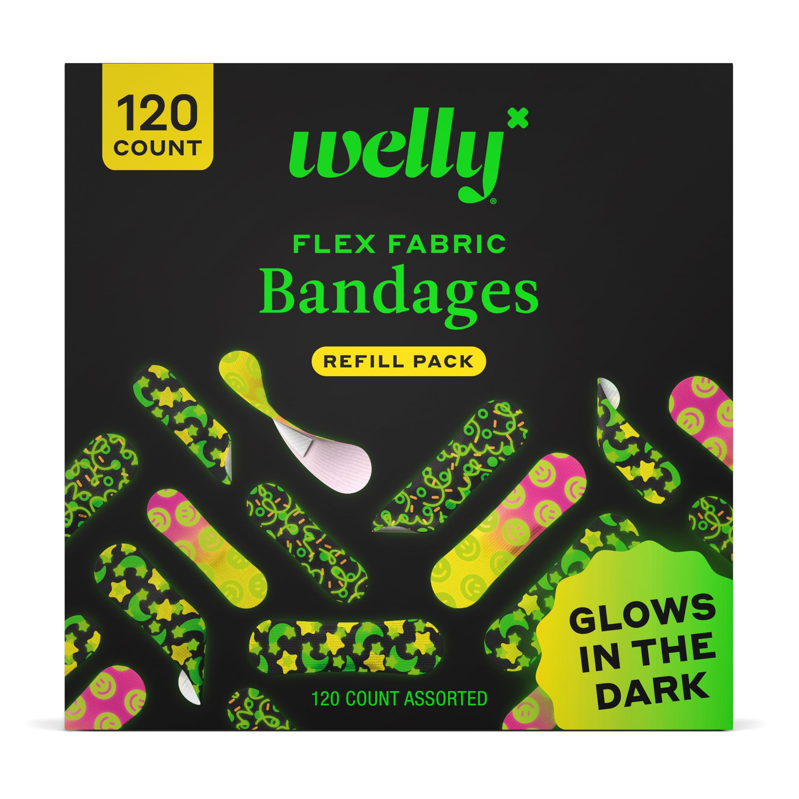 Welly Bandage Glow-in-The-Dark Refill Pack | Adhesive Flexible Fabric Bandages | Assorted Shapes ... | Amazon (US)