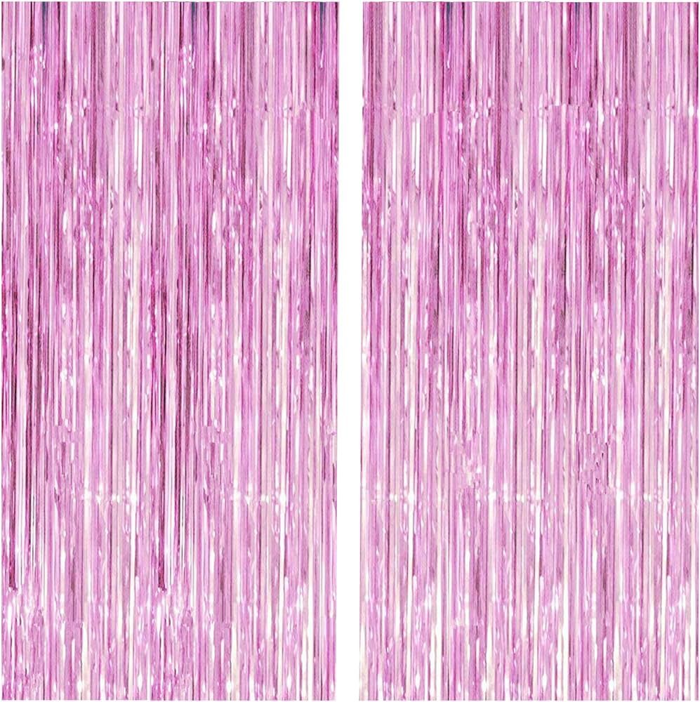 2 pcs 3.2ft x 8.2ft Pink Metallic Tinsel Foil Fringe Curtains - Photo Booth Backdrop Pink for Bir... | Amazon (US)