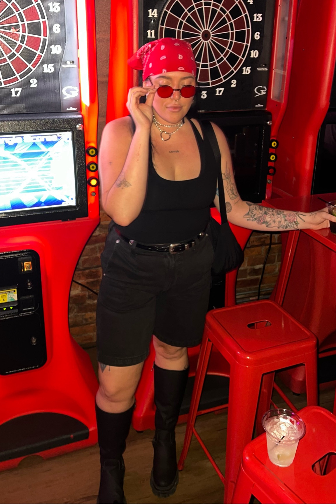 Concert ready! 🌟 This masc lesbian-inspired outfit for Chappell Roan's 'Kink Is Karma' is perfect with its bold black and red theme. Also great for a Billie Eilish concert! Let's rock our unique style and celebrate individuality! 🎤🖤❤️ #ConcertLook #MascLesbianStyle #KinkIsKarma #BillieEilishVibes #Bandana #ColorLensGlasses #MascStyle #StemLesbian
