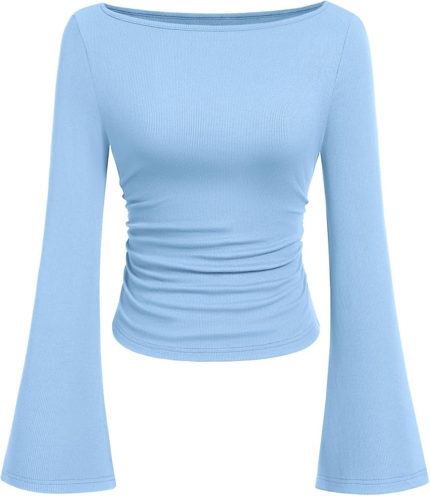 PRETTYGARDEN Womens Long Sleeve Shirts 2026 Spring Crop Going Out Tops Casual Boat Neck Bell Slee... | Amazon (US)
