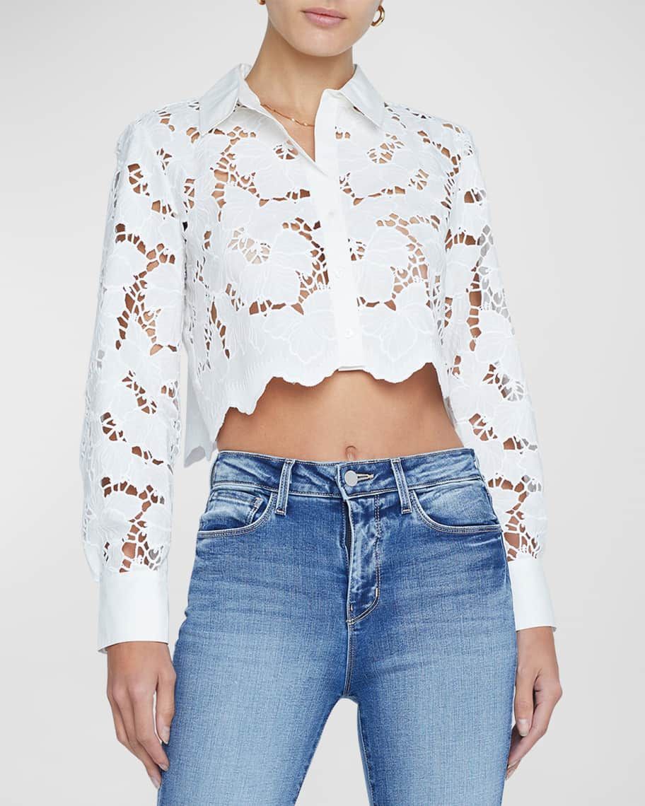 L'Agence Seychelle Floral Eyelet-Embroidered Cropped Shirt | Neiman Marcus