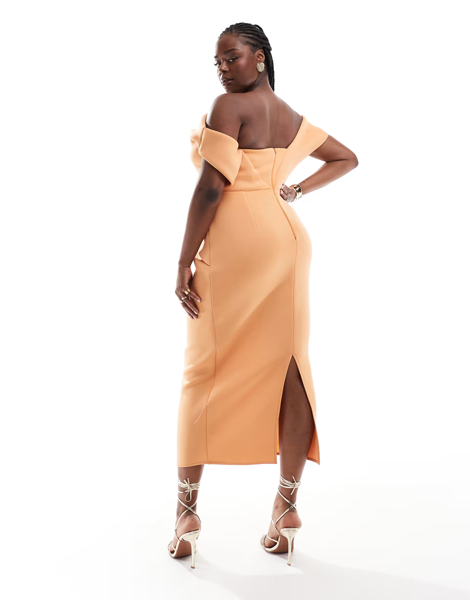 ASOS DESIGN Curve off-shoulder pleated waist detail midi pencil dress in apricot | ASOS (Global)