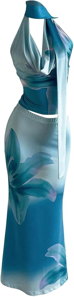 Floerns Women's 2 Piece Outfit Floral Draped Front Sleeveless Halter Top and Bodycon Maxi Skirt S... | Amazon (US)