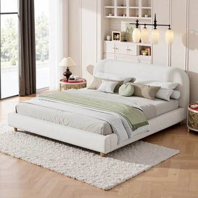 Luxury Queen Upholstered Bed Frame with Boucle Fabric, Curved Headboard, Solid Wood Legs - Easy Assembly and Sturdy Design for Premium Comfort | Wayfair North America
