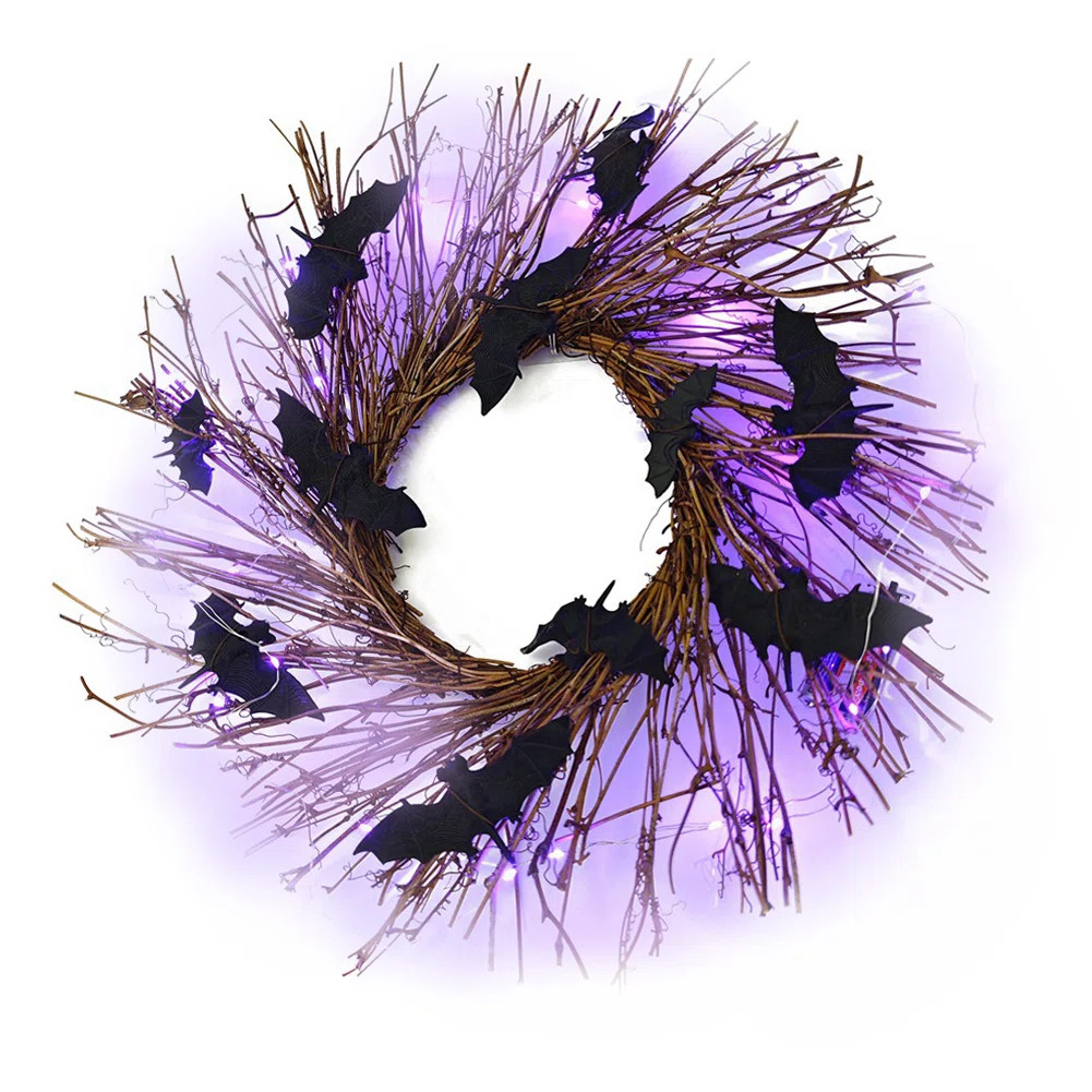 17.7 Inch Prelit Black Halloween Wreath With Bats 30 LED Purple Lights Halloween Front Door Decor... | Wayfair North America