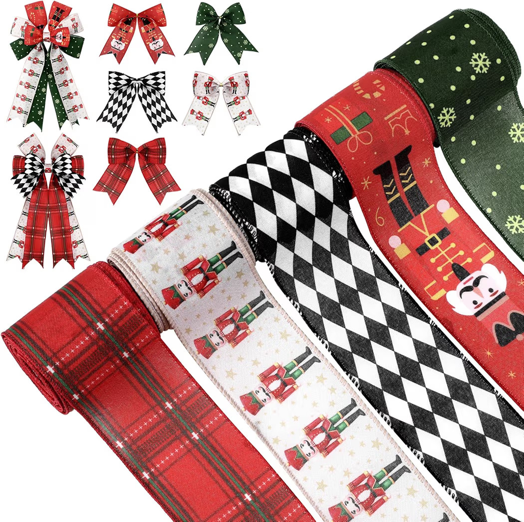 Christmas Wired Ribbons 2.5 Inch, 5 Roll 30 Yards Nutcracker Snowflake Red Black White Christmas ... | Amazon (US)
