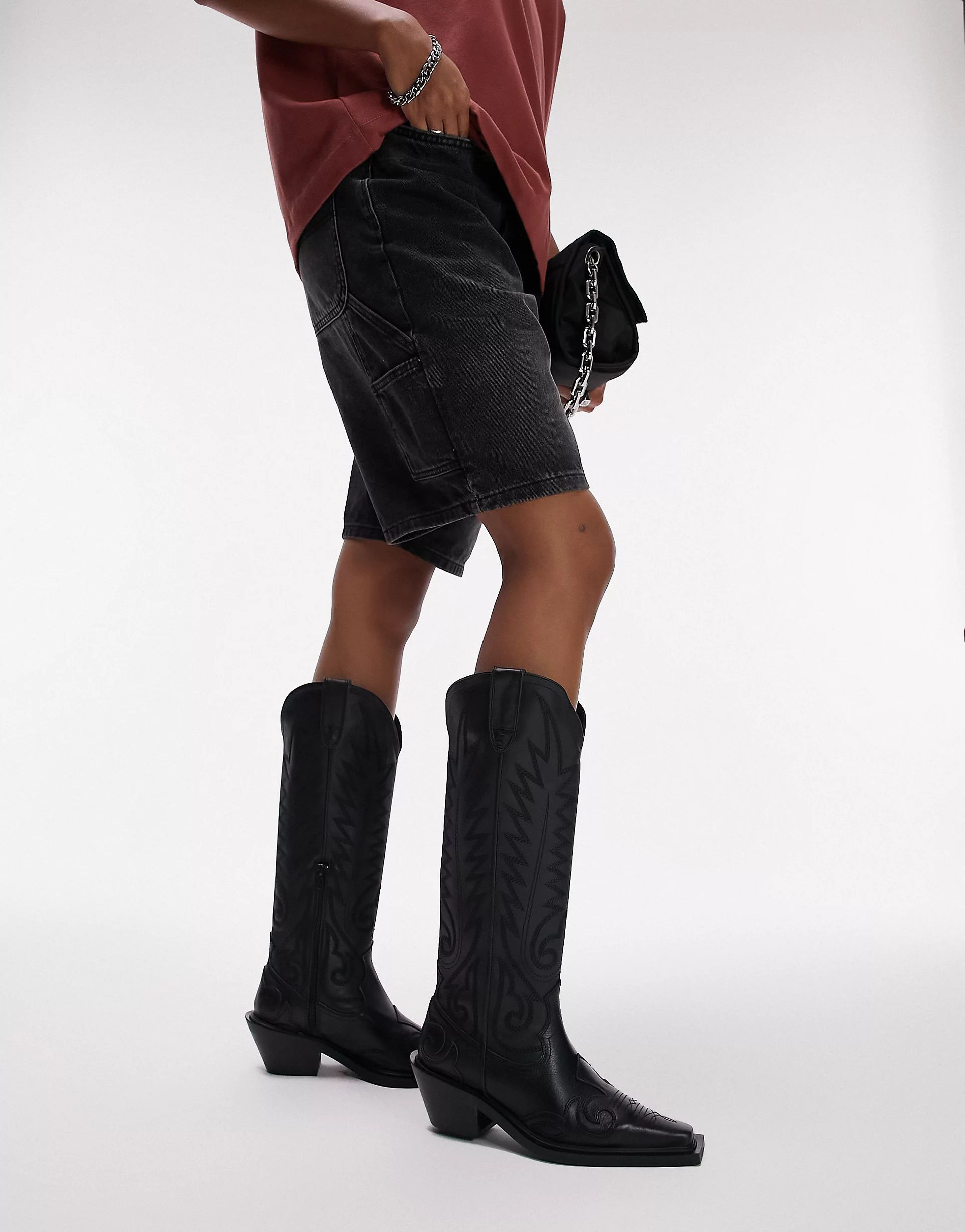 Topshop Bailey premium leather western boot in black | ASOS (Global)